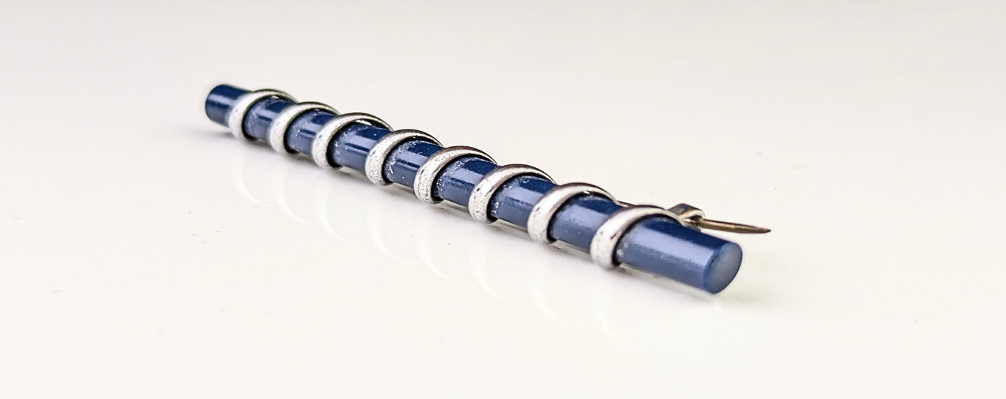Antique Edwardian silver swirl bar brooch, Royal blue, Cravat pin