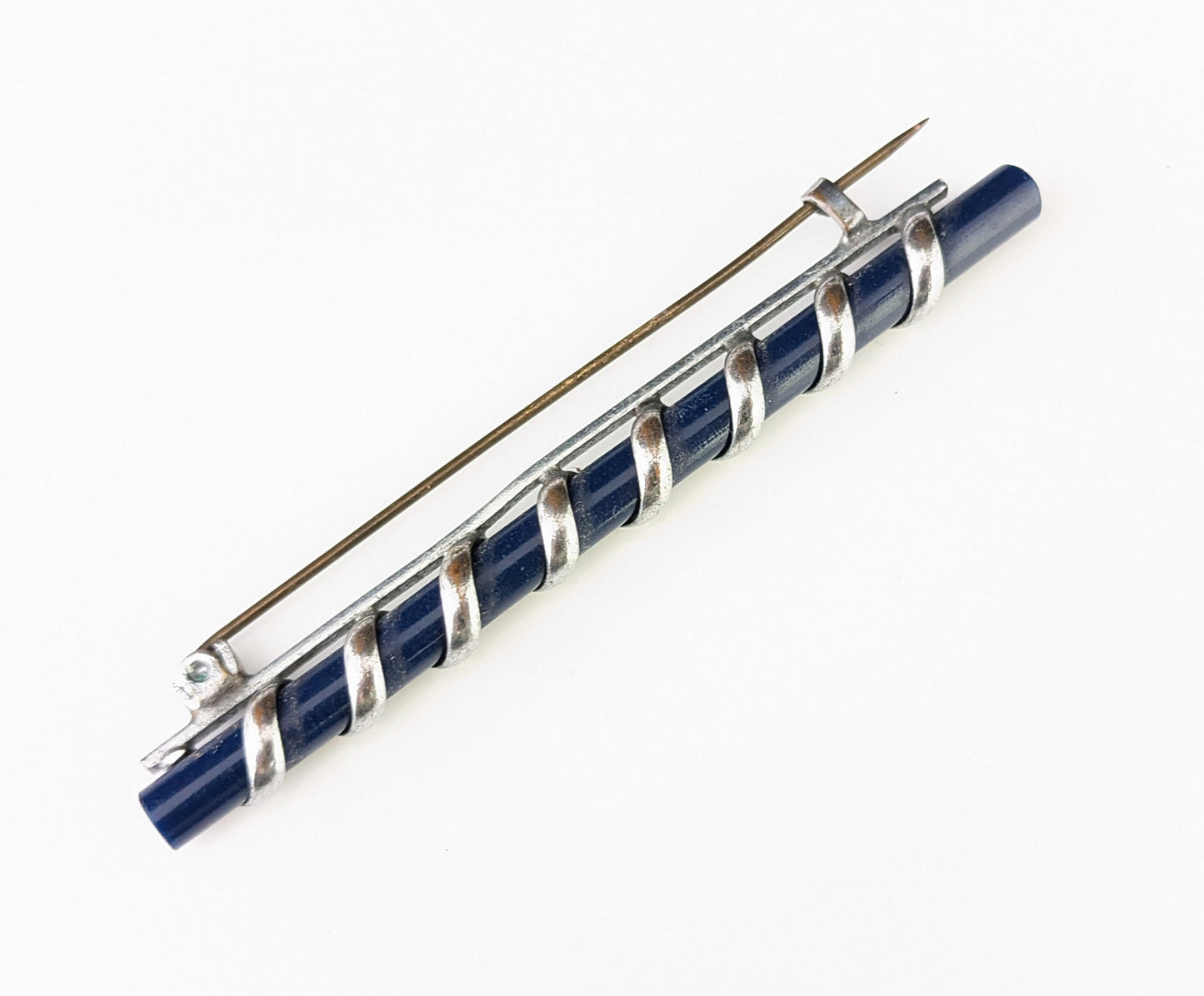 Antique Edwardian silver swirl bar brooch, Royal blue, Cravat pin