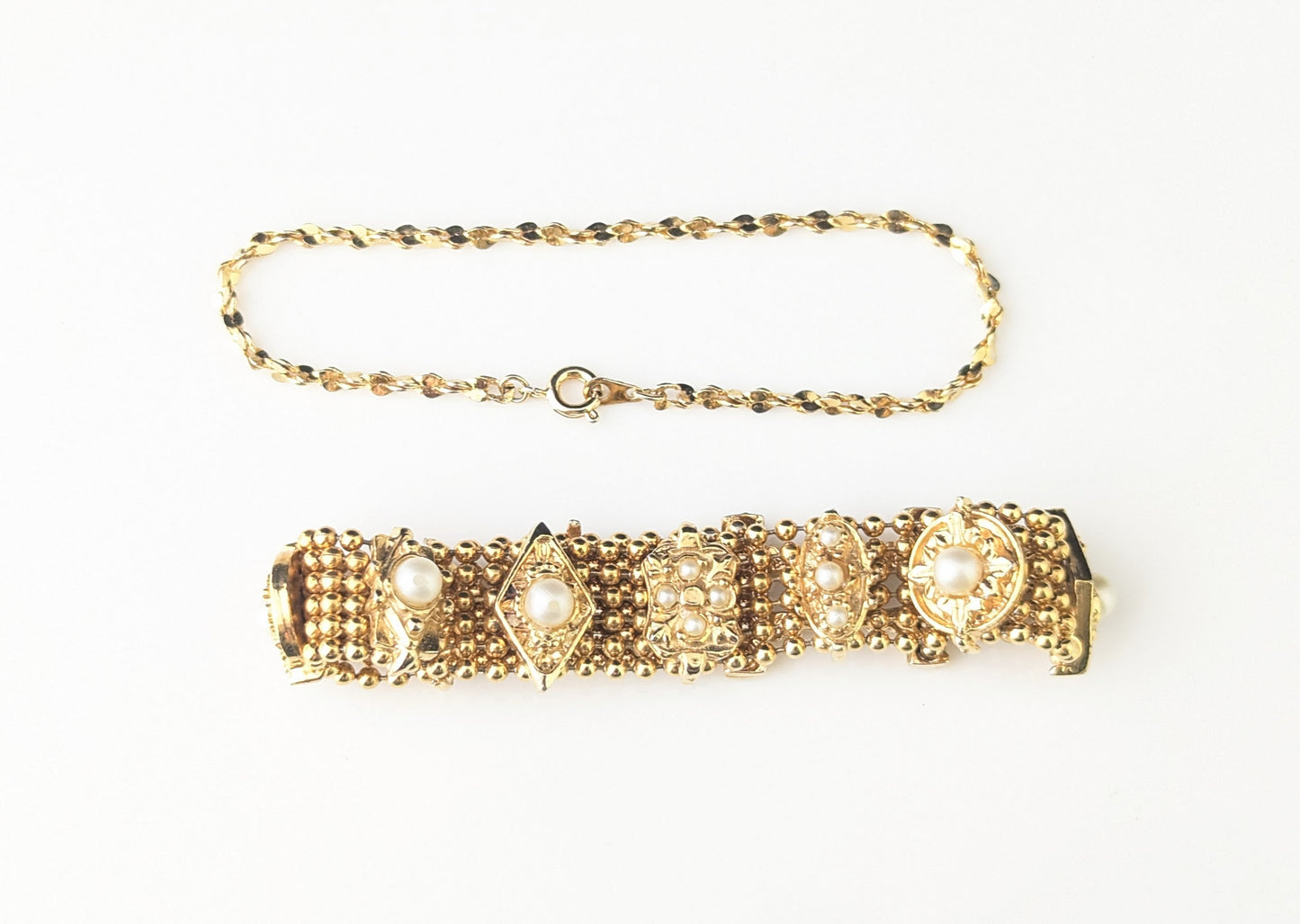 Vintage gold plated bracelets, pair, Faux pearl