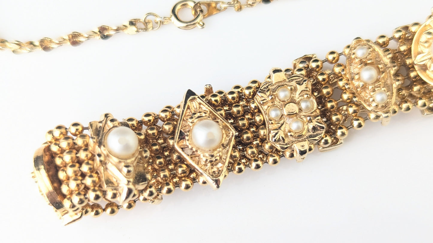 Vintage gold plated bracelets, pair, Faux pearl