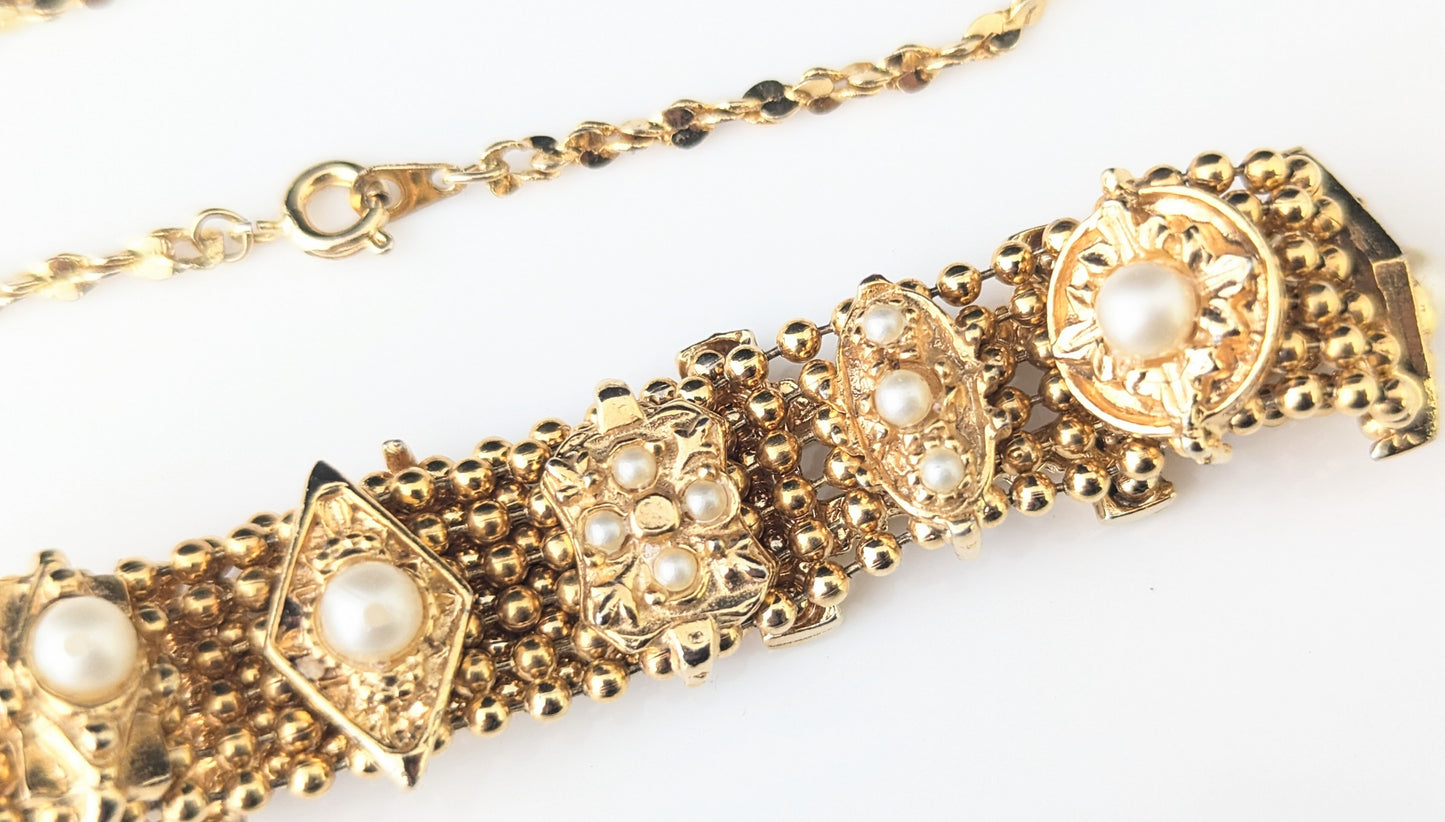 Vintage gold plated bracelets, pair, Faux pearl