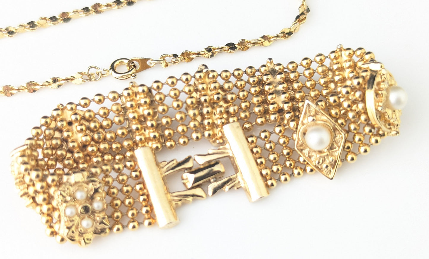 Vintage gold plated bracelets, pair, Faux pearl