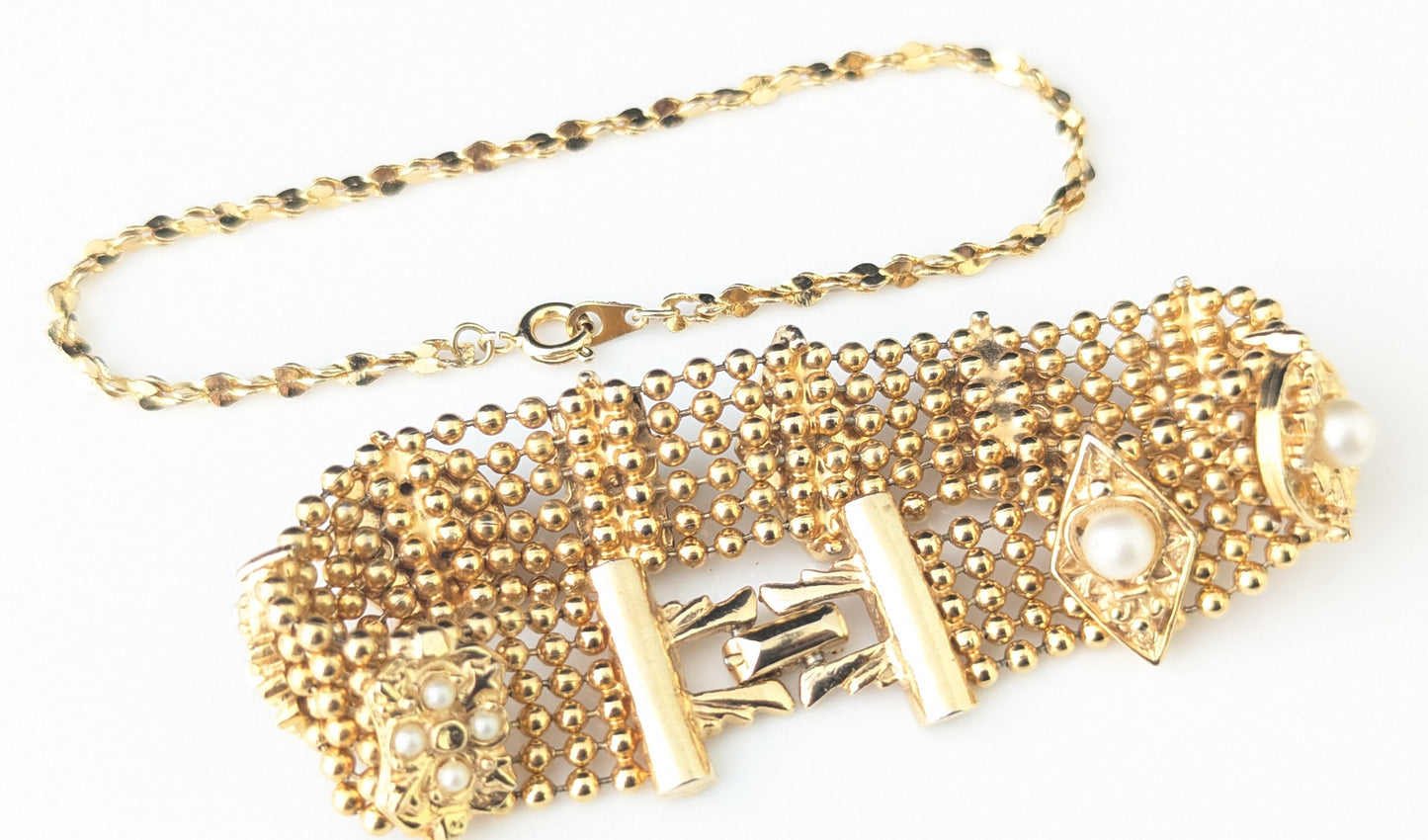 Vintage gold plated bracelets, pair, Faux pearl