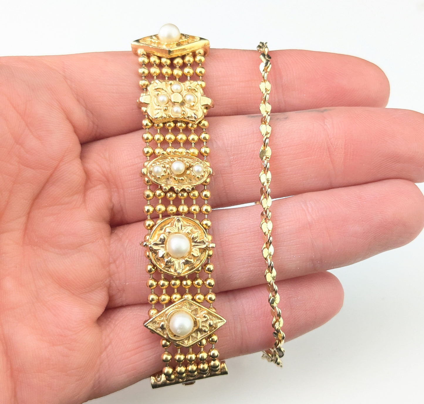 Vintage gold plated bracelets, pair, Faux pearl