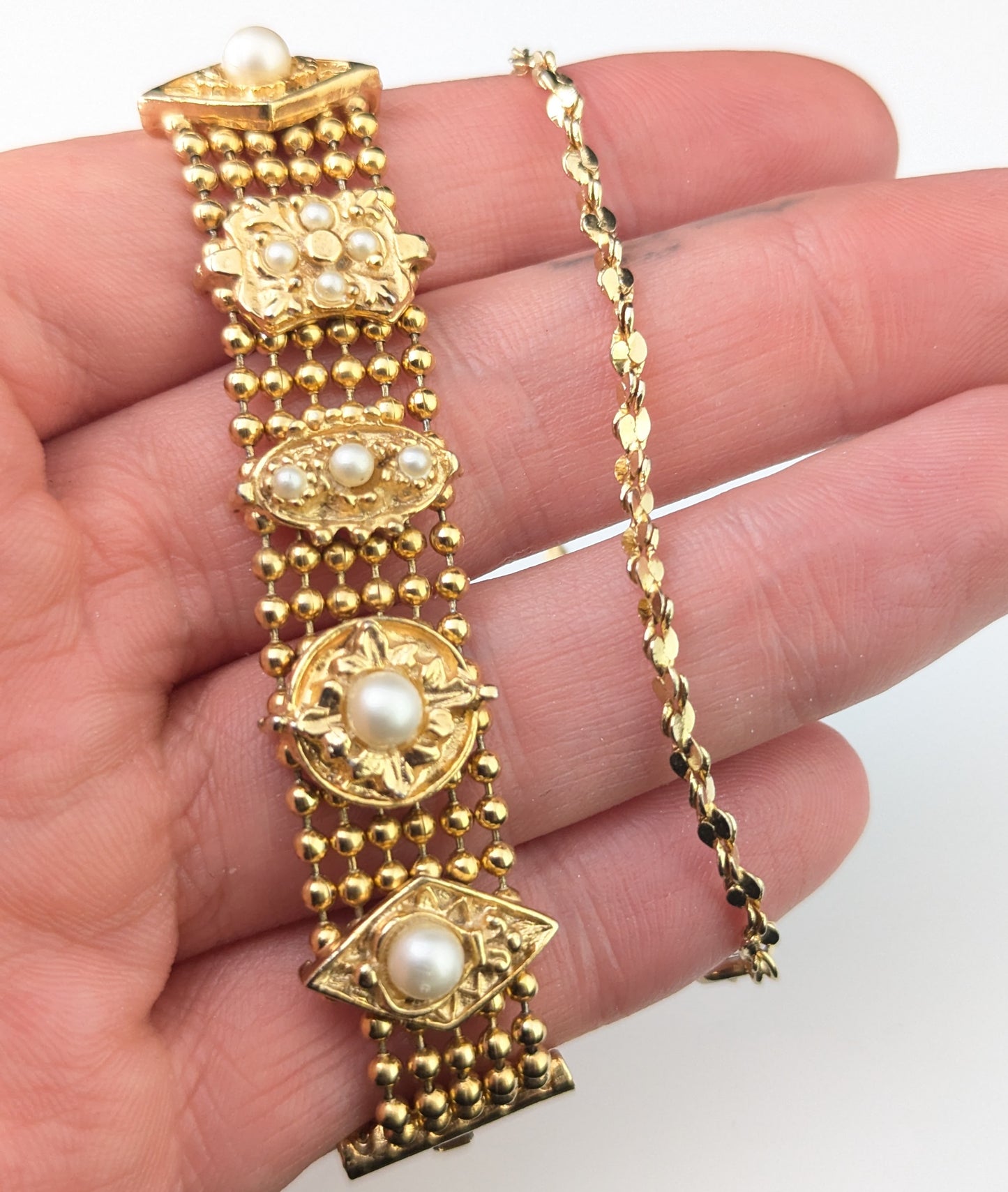 Vintage gold plated bracelets, pair, Faux pearl