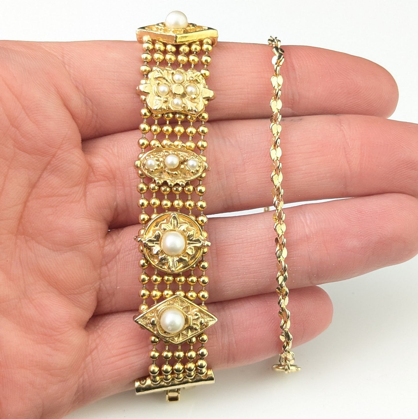 Vintage gold plated bracelets, pair, Faux pearl