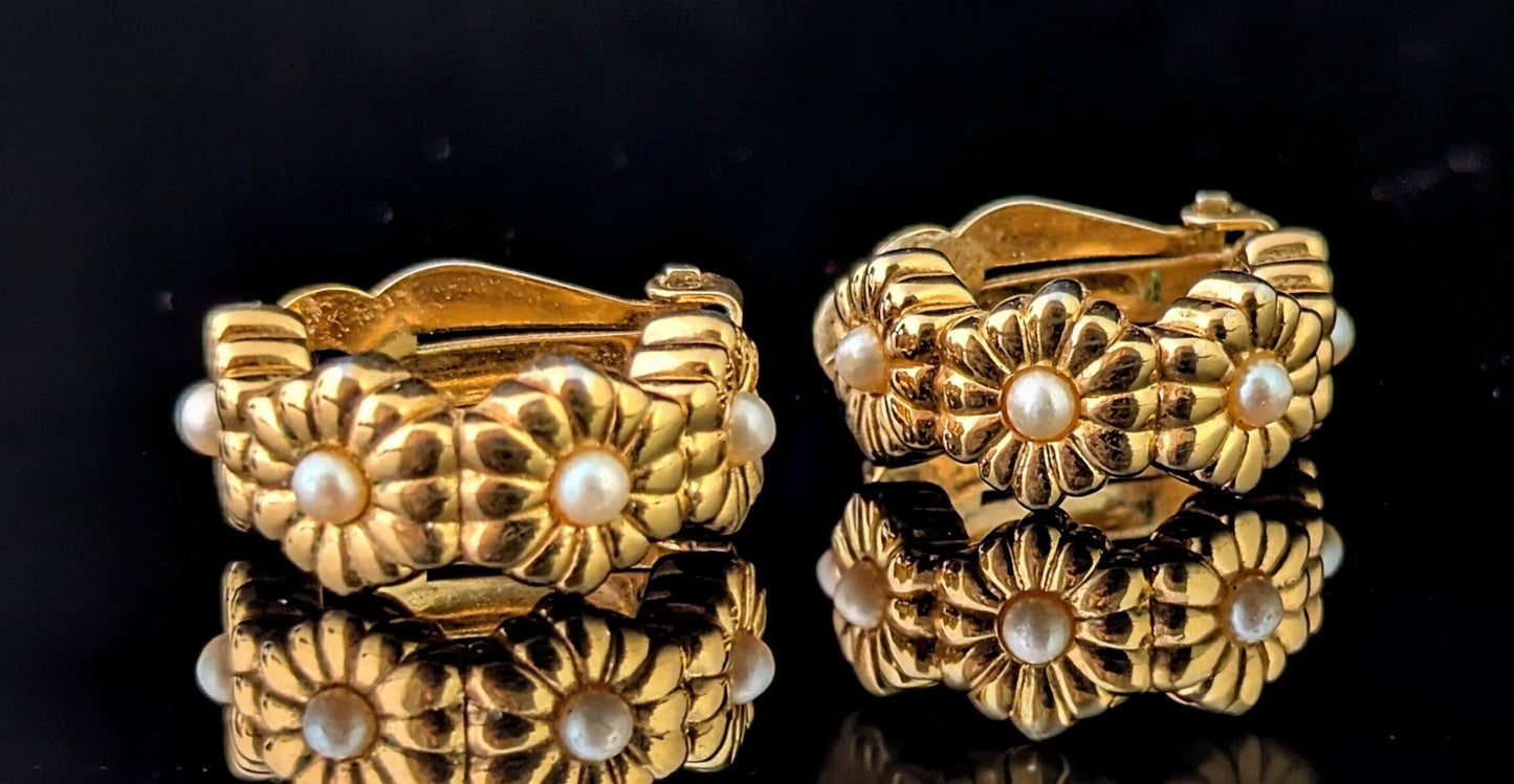 Vintage D'Orlan gold plated flower half hoop earrings, Clip on