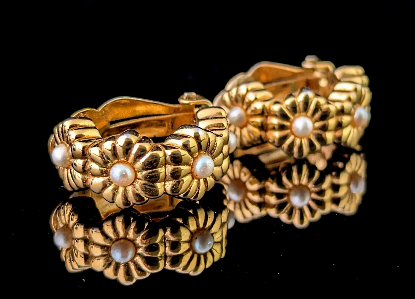 Vintage D'Orlan gold plated flower half hoop earrings, Clip on
