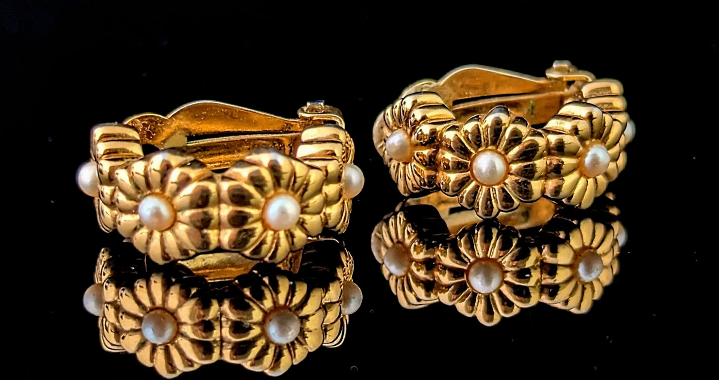 Vintage D'Orlan gold plated flower half hoop earrings, Clip on