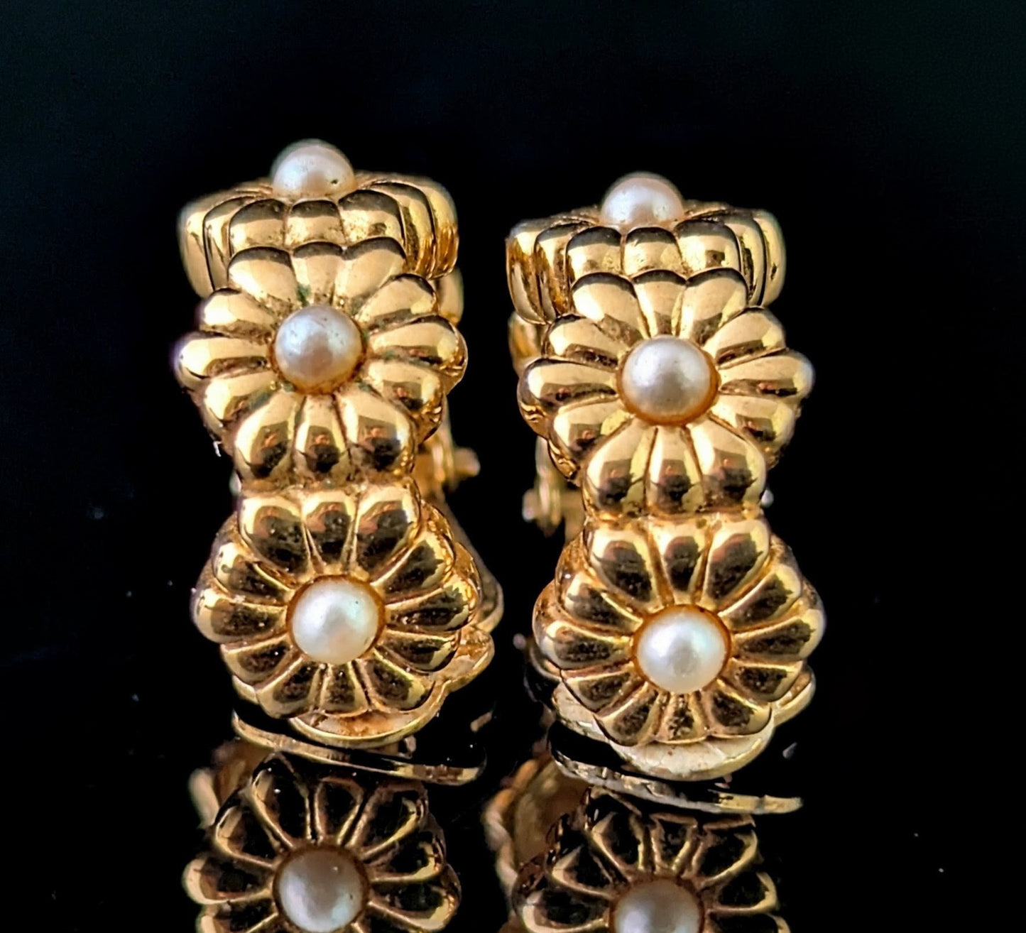 Vintage D'Orlan gold plated flower half hoop earrings, Clip on