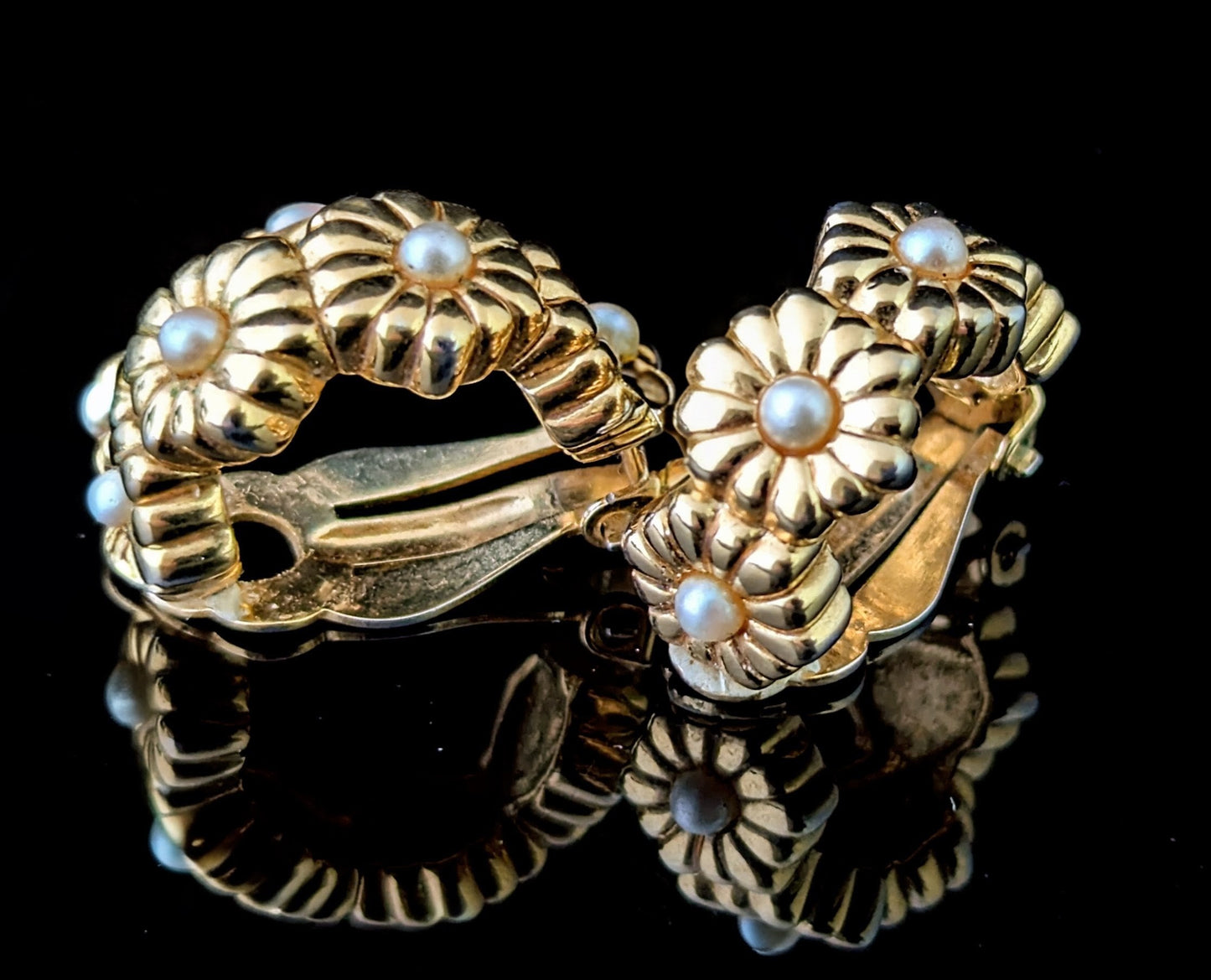 Vintage D'Orlan gold plated flower half hoop earrings, Clip on