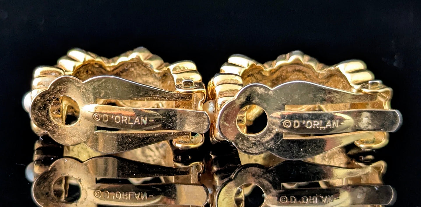Vintage D'Orlan gold plated flower half hoop earrings, Clip on