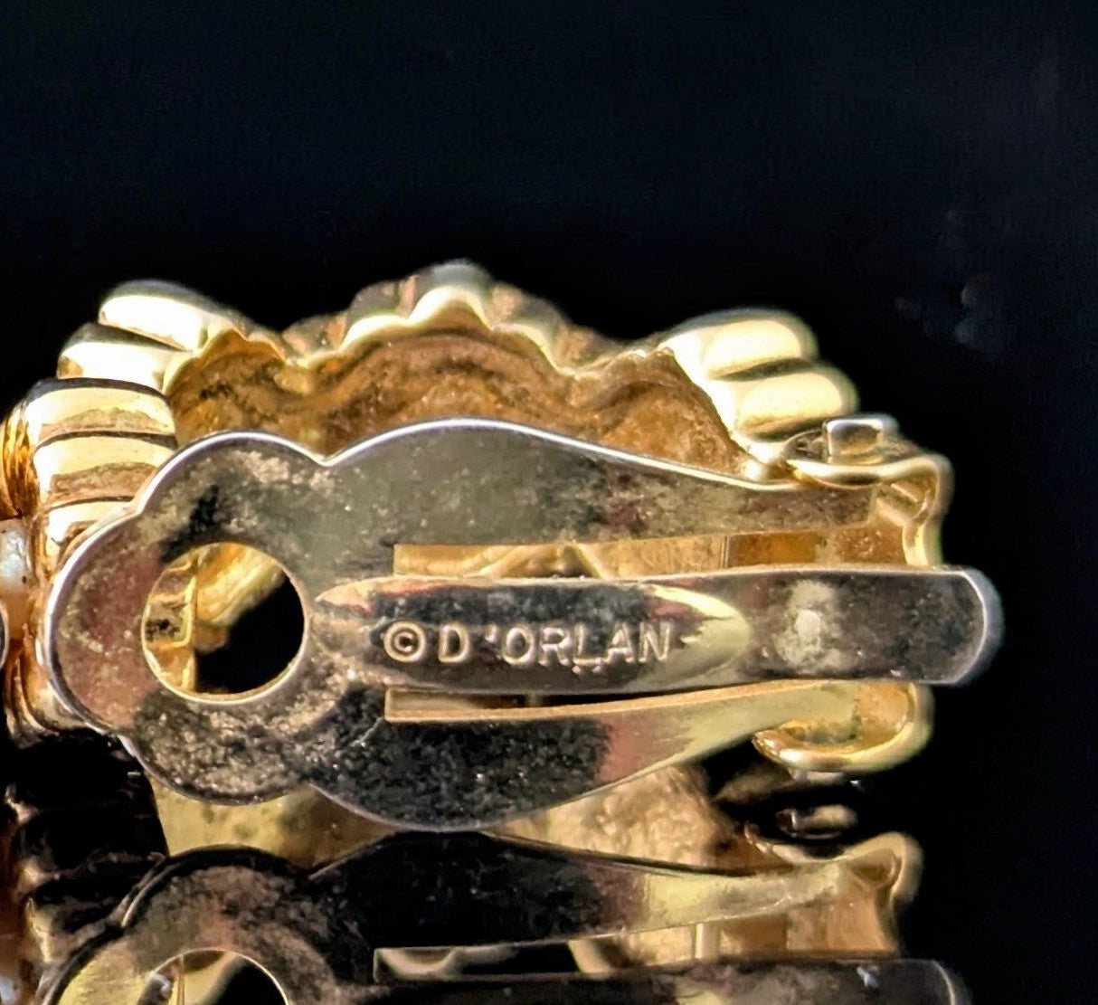 Vintage D'Orlan gold plated flower half hoop earrings, Clip on