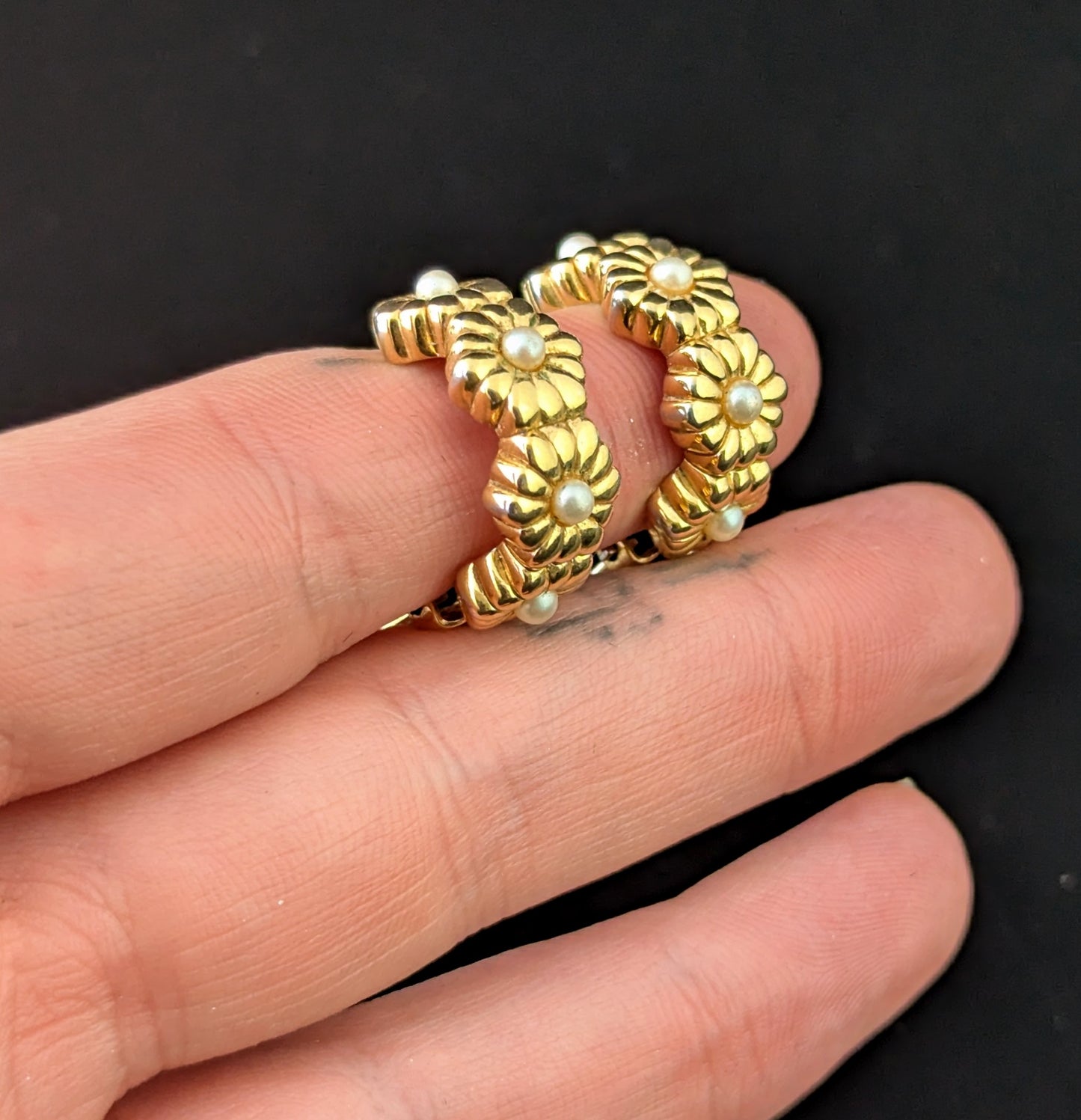 Vintage D'Orlan gold plated flower half hoop earrings, Clip on