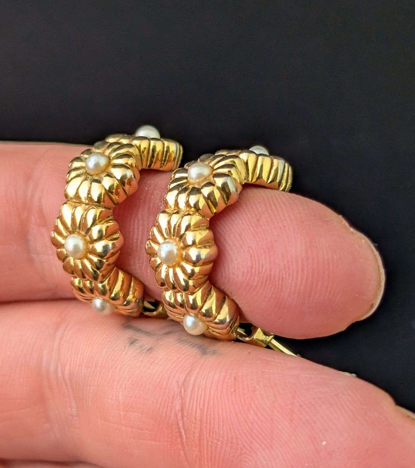 Vintage D'Orlan gold plated flower half hoop earrings, Clip on