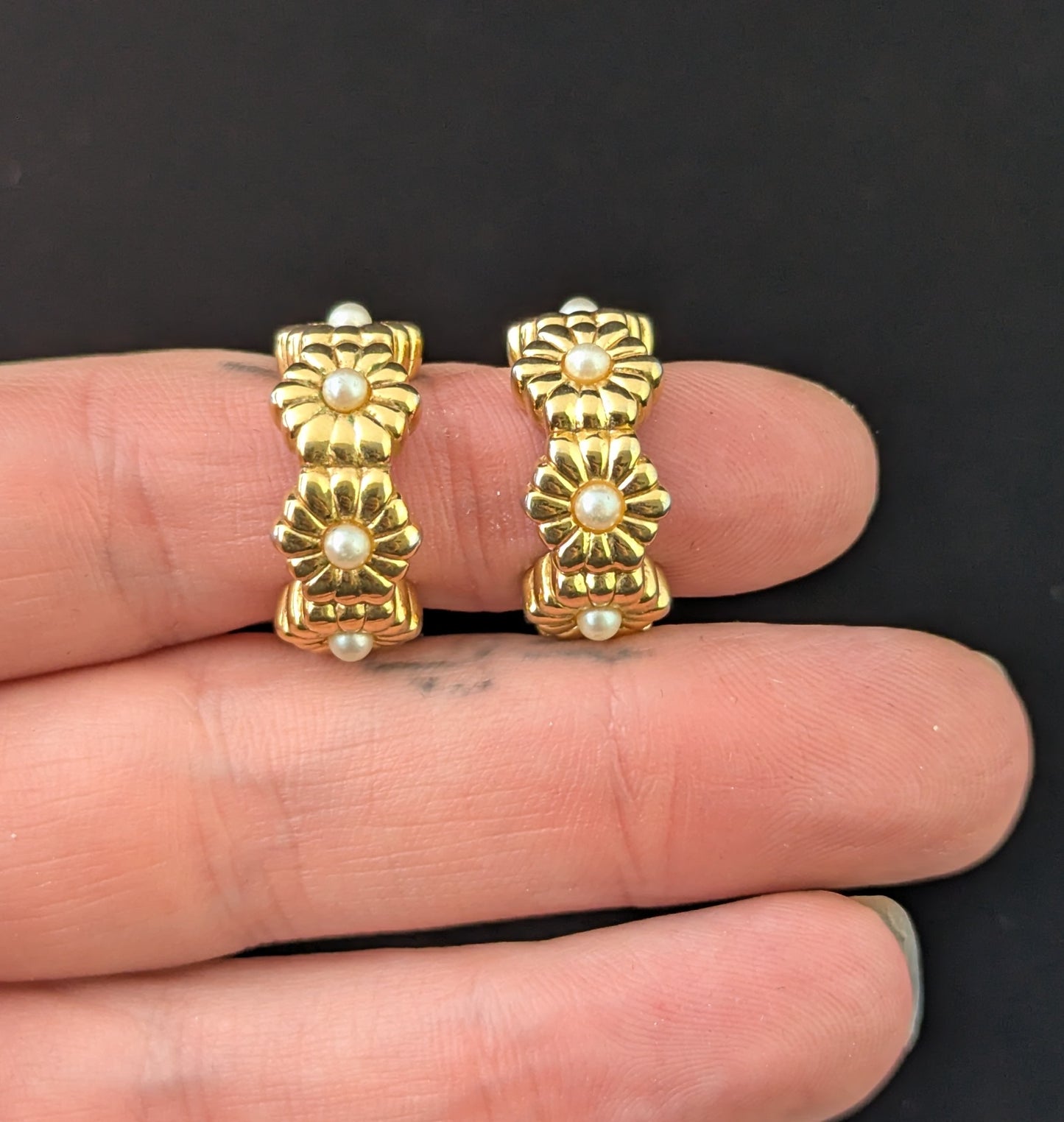 Vintage D'Orlan gold plated flower half hoop earrings, Clip on