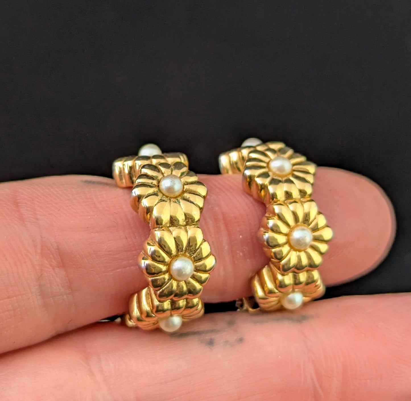 Vintage D'Orlan gold plated flower half hoop earrings, Clip on