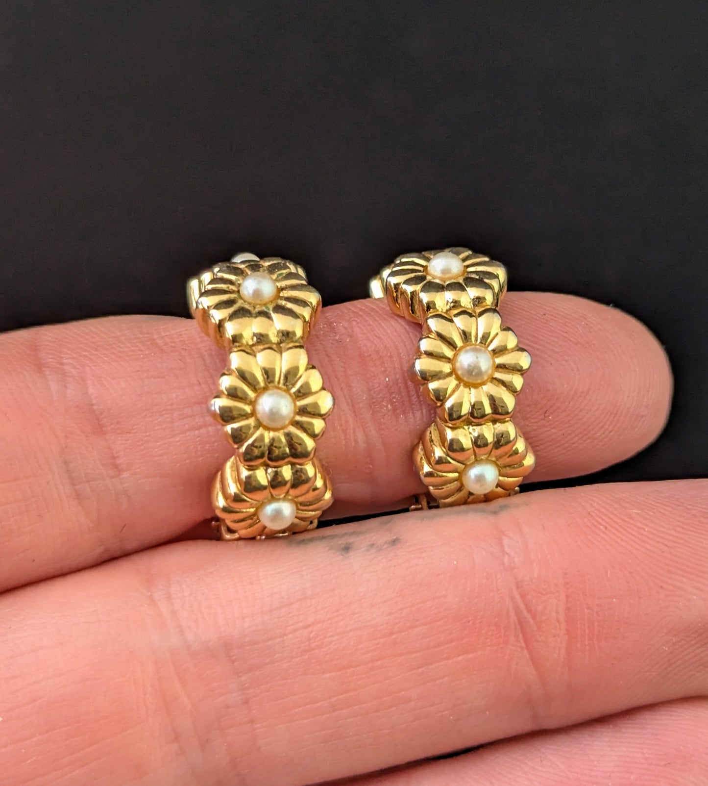 Vintage D'Orlan gold plated flower half hoop earrings, Clip on