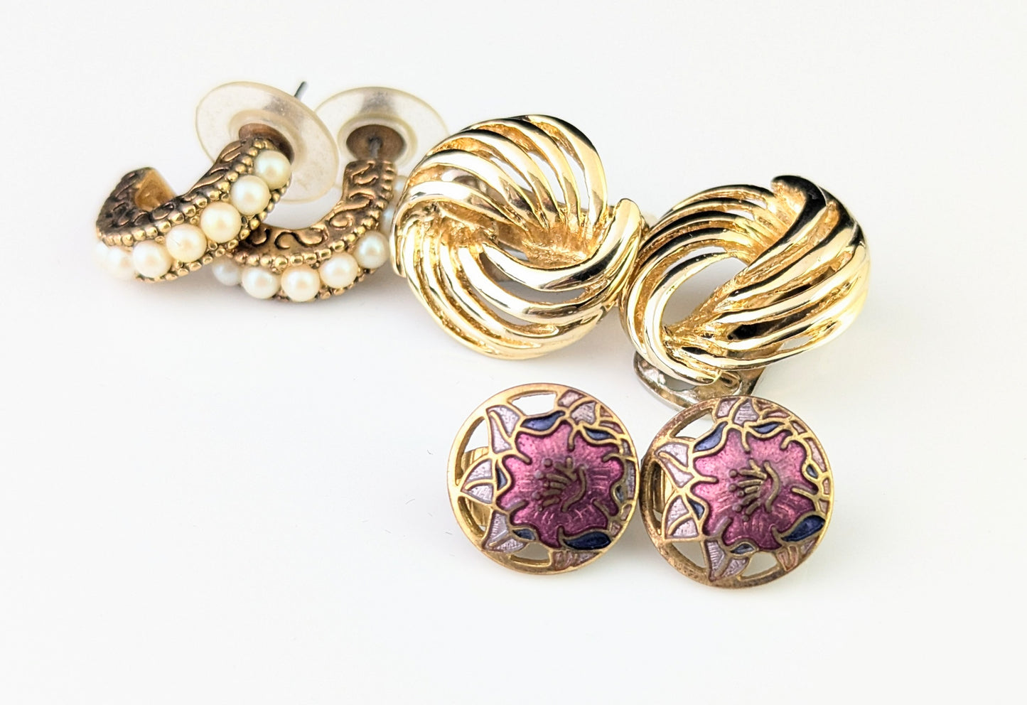 Vintage job lot earrings, three pairs, Cloisonné enamel