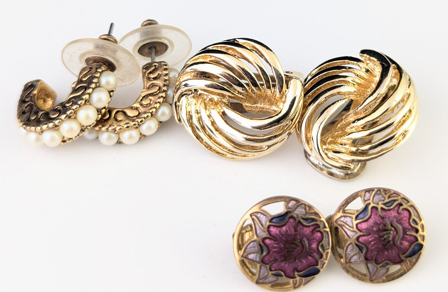 Vintage job lot earrings, three pairs, Cloisonné enamel