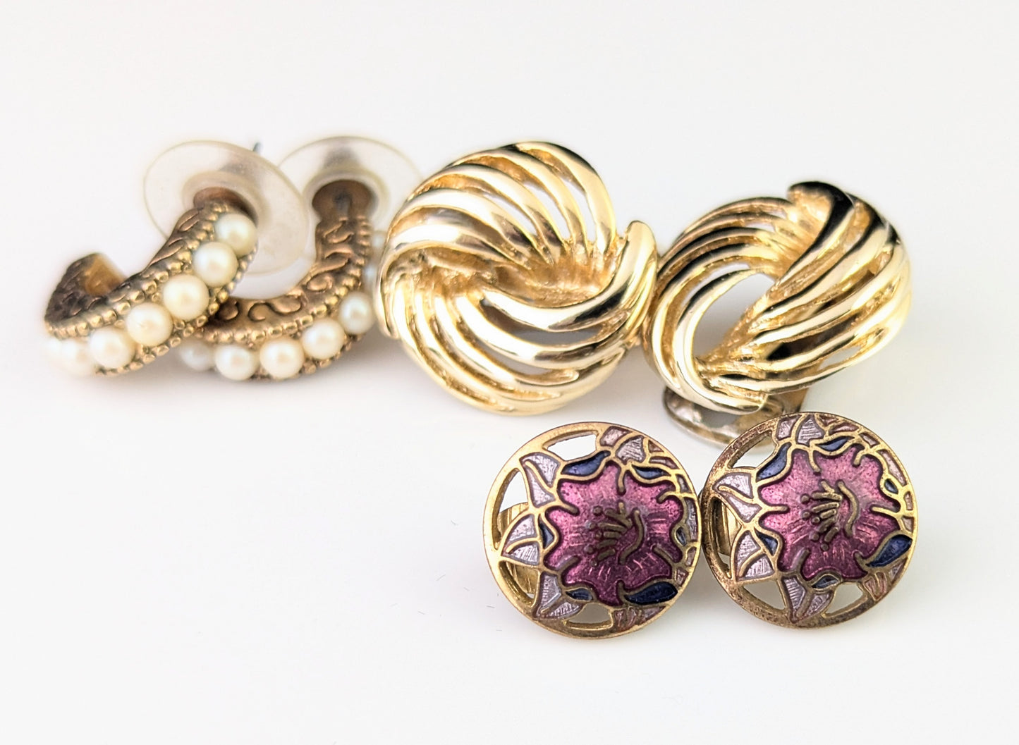 Vintage job lot earrings, three pairs, Cloisonné enamel