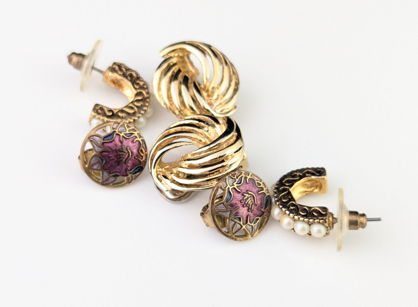 Vintage job lot earrings, three pairs, Cloisonné enamel