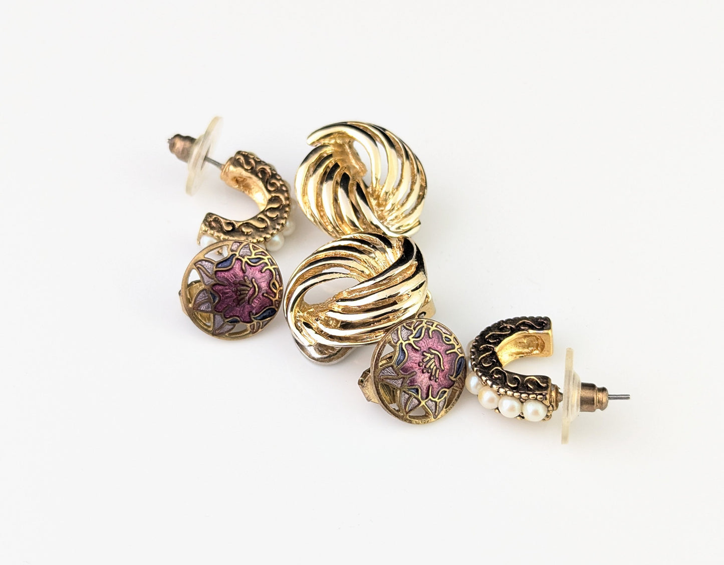 Vintage job lot earrings, three pairs, Cloisonné enamel
