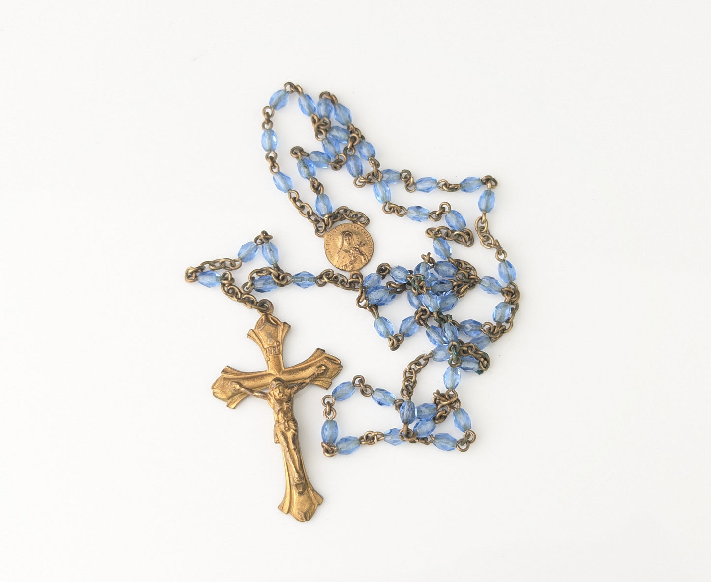 Antique blue glass rosary bead necklace, Gilt crucifix pendant