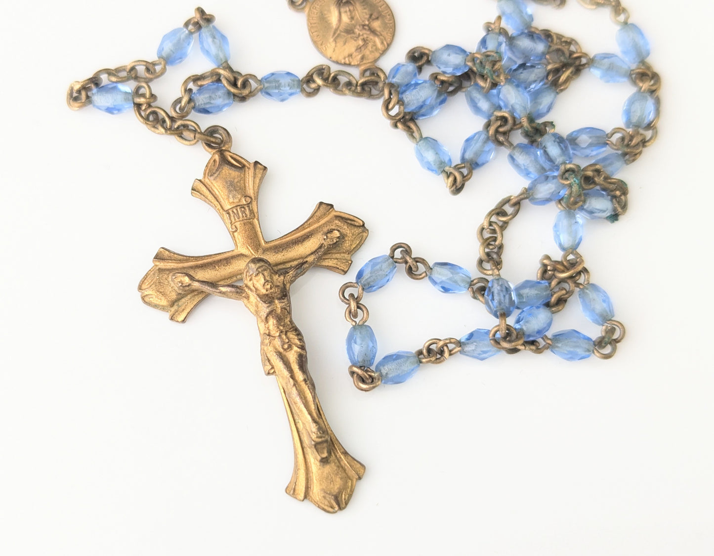 Antique blue glass rosary bead necklace, Gilt crucifix pendant