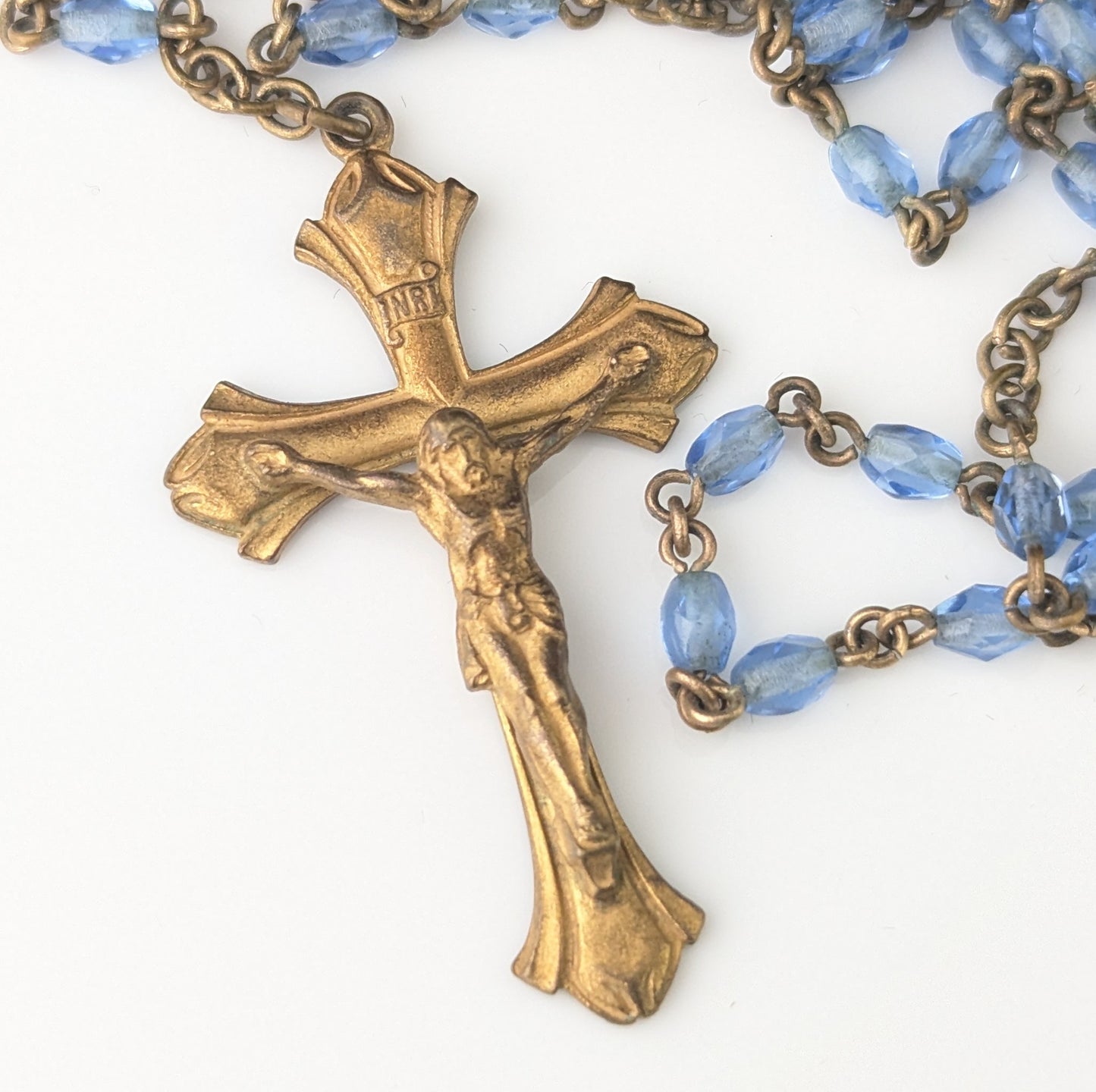 Antique blue glass rosary bead necklace, Gilt crucifix pendant
