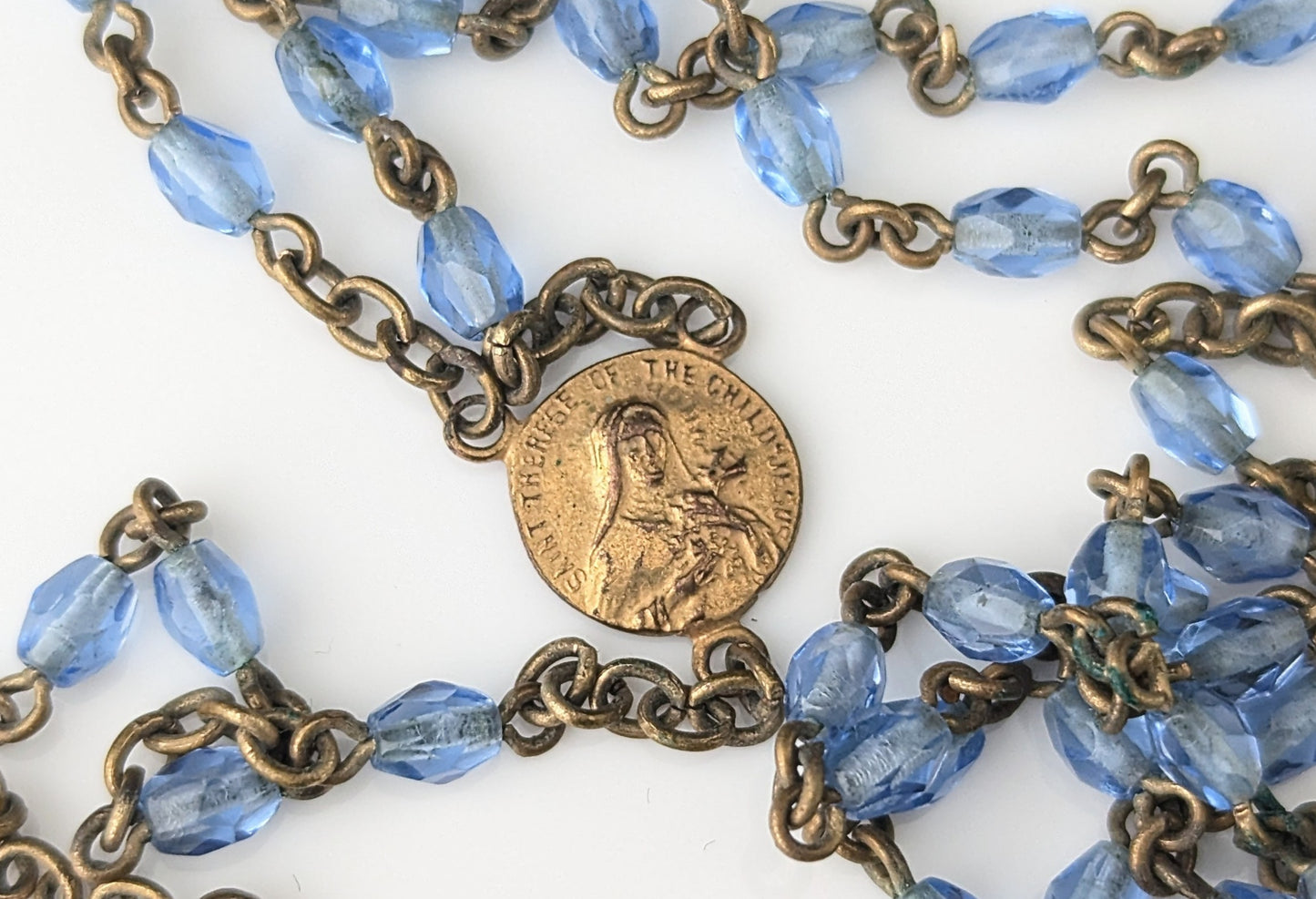 Antique blue glass rosary bead necklace, Gilt crucifix pendant