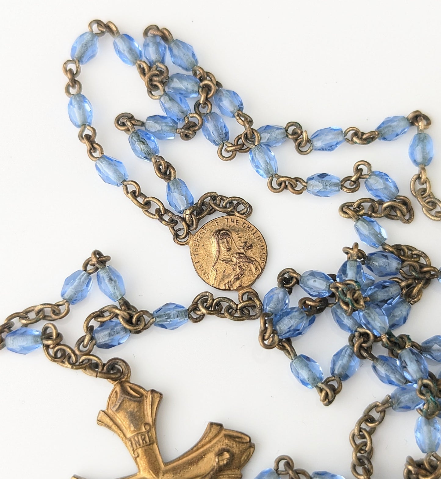 Antique blue glass rosary bead necklace, Gilt crucifix pendant