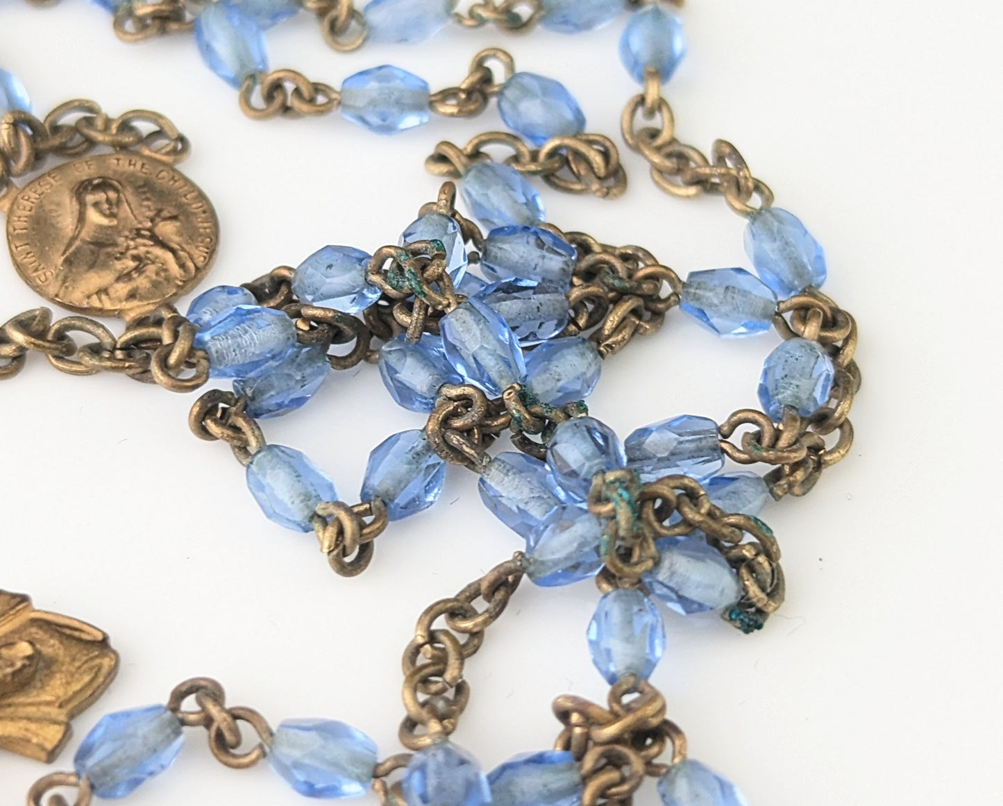 Antique blue glass rosary bead necklace, Gilt crucifix pendant