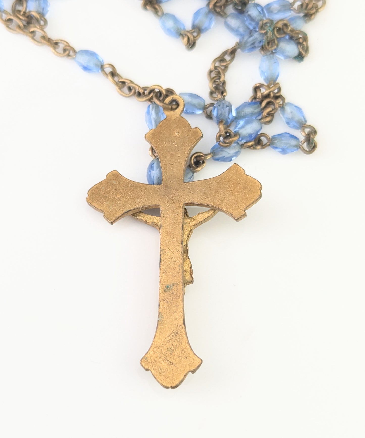 Antique blue glass rosary bead necklace, Gilt crucifix pendant