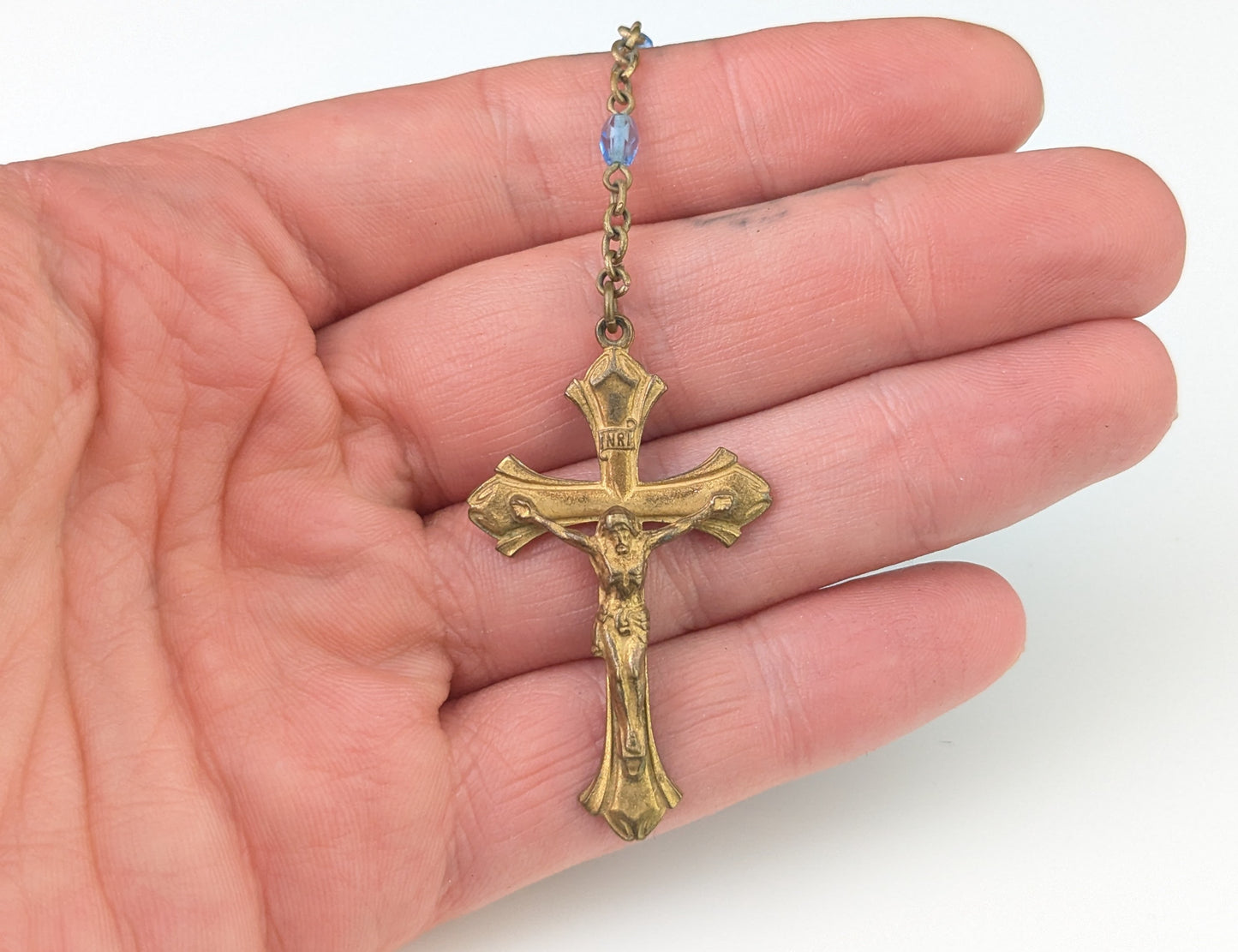 Antique blue glass rosary bead necklace, Gilt crucifix pendant