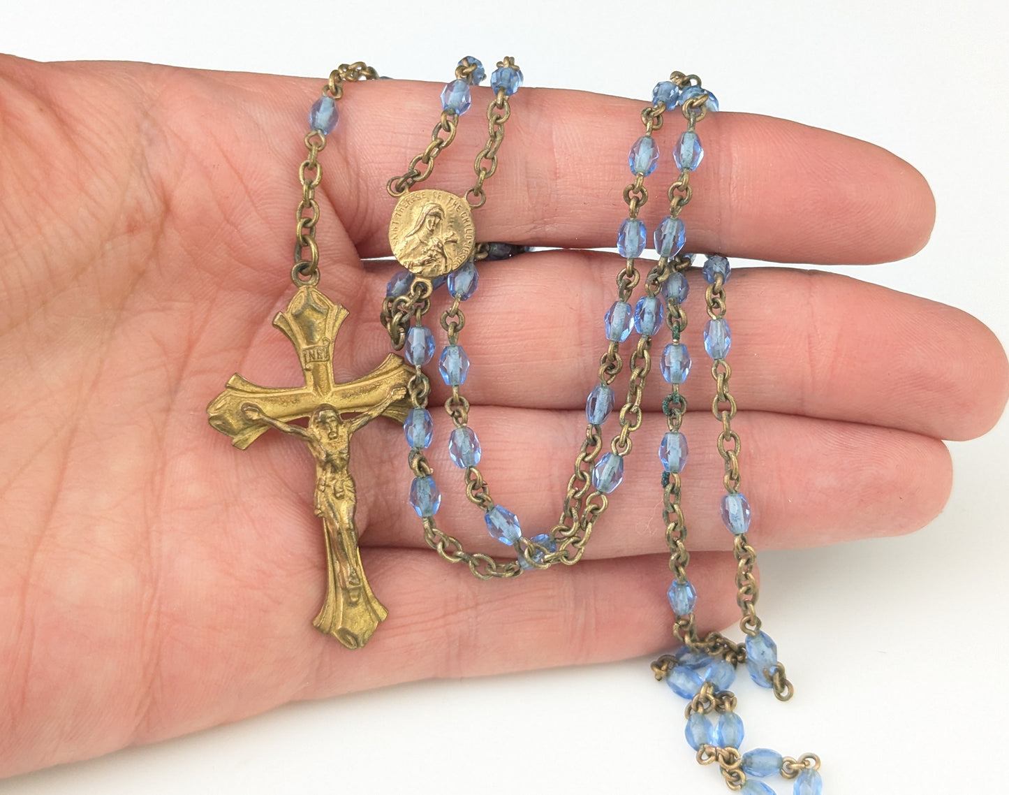 Antique blue glass rosary bead necklace, Gilt crucifix pendant