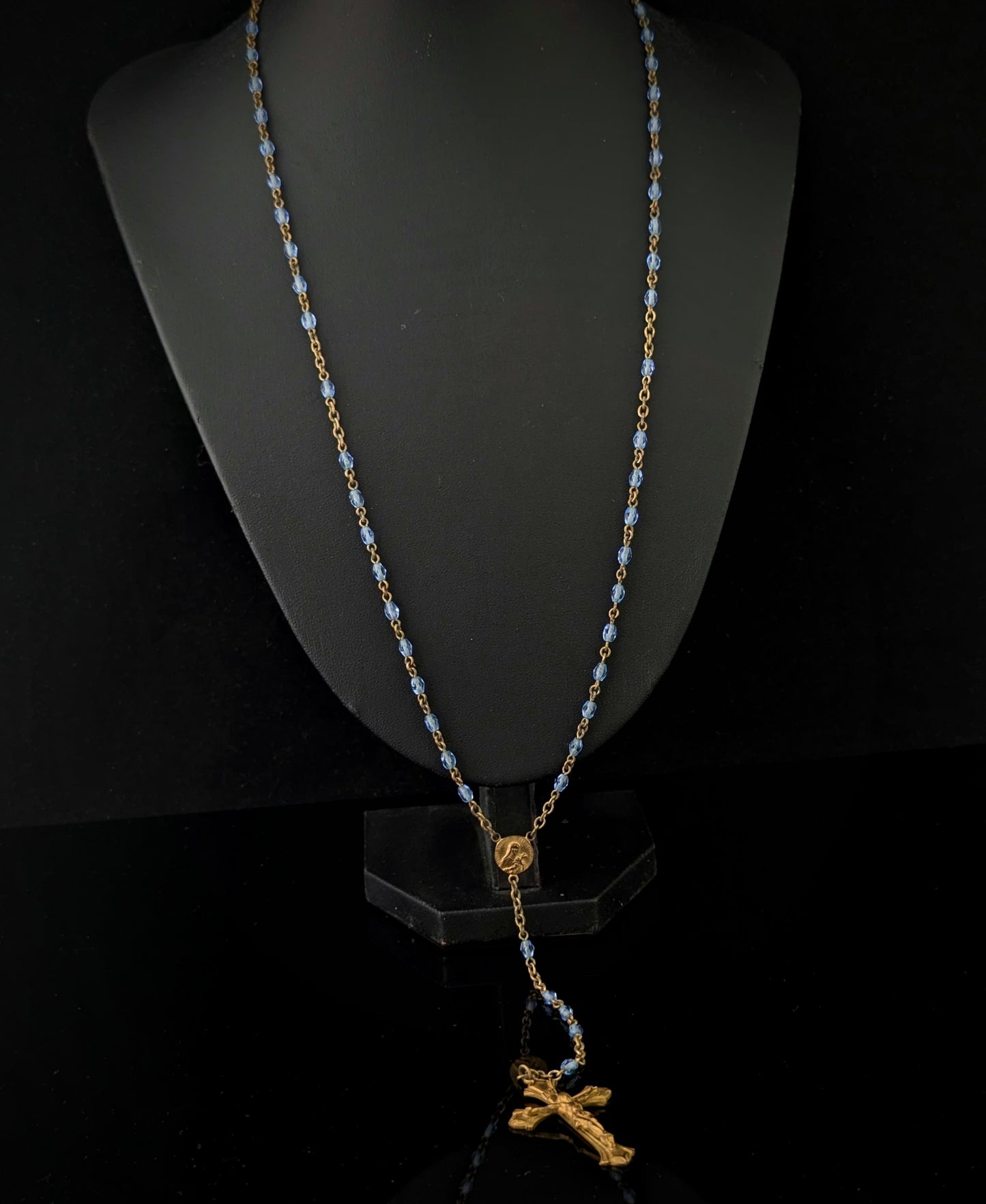 Antique blue glass rosary bead necklace, Gilt crucifix pendant