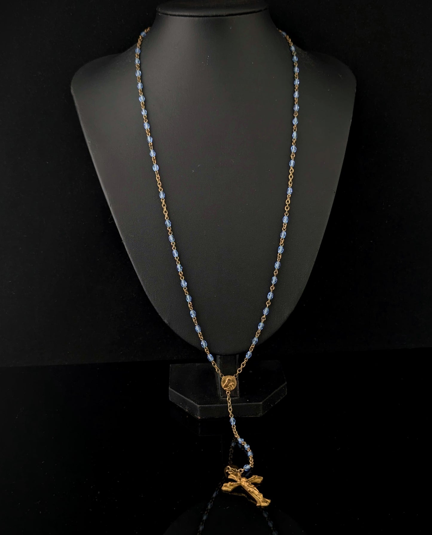 Antique blue glass rosary bead necklace, Gilt crucifix pendant