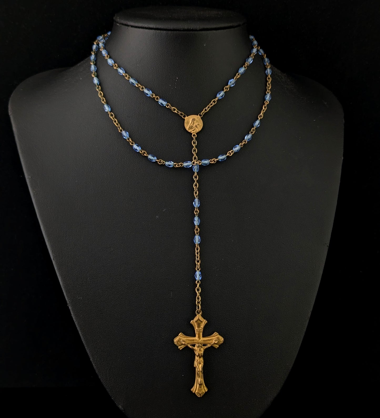 Antique blue glass rosary bead necklace, Gilt crucifix pendant
