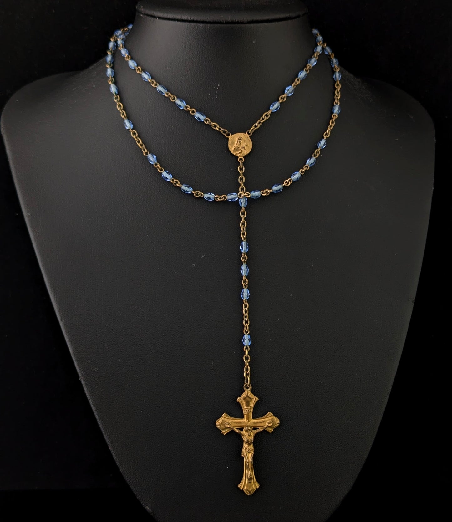 Antique blue glass rosary bead necklace, Gilt crucifix pendant