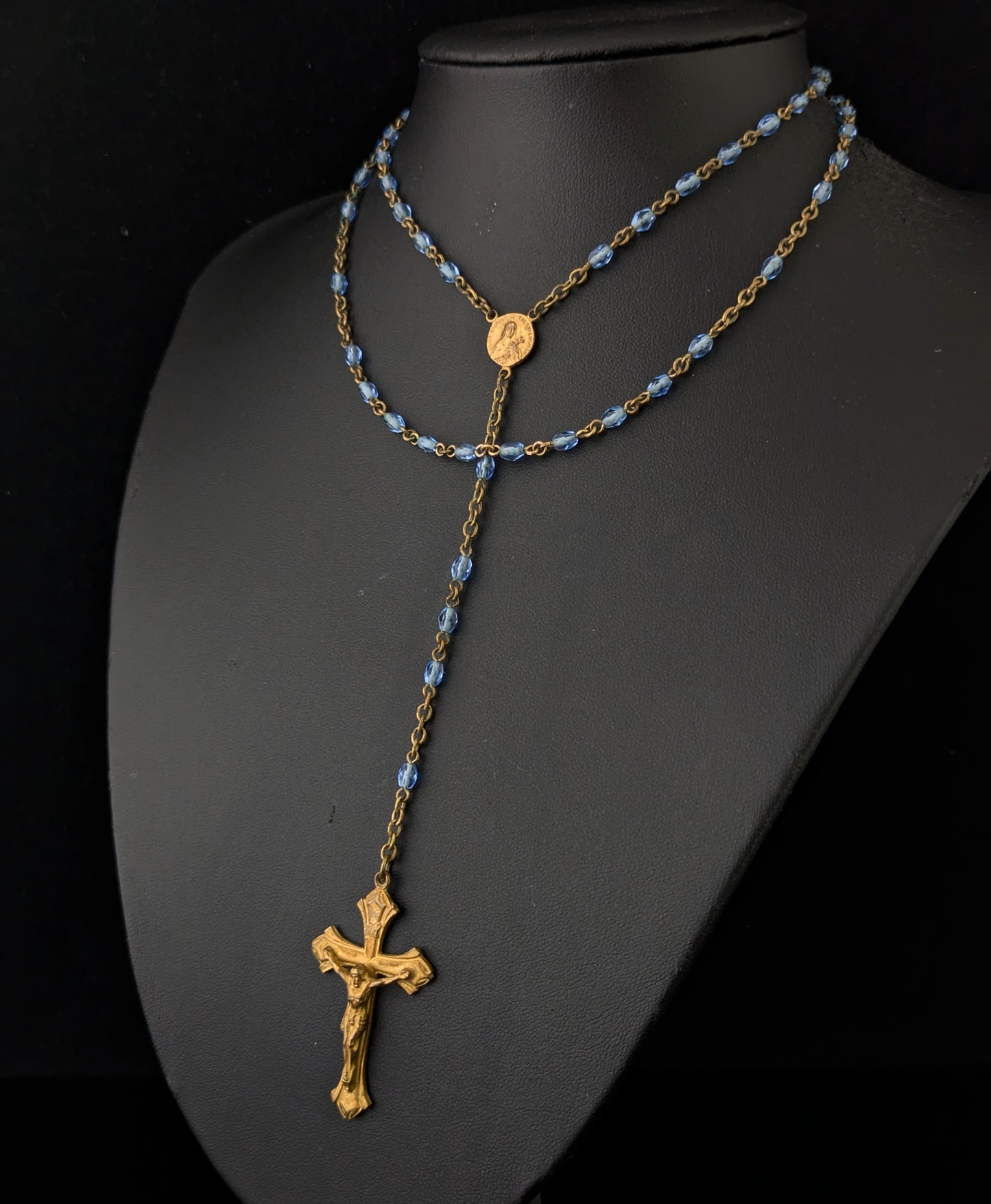 Antique blue glass rosary bead necklace, Gilt crucifix pendant