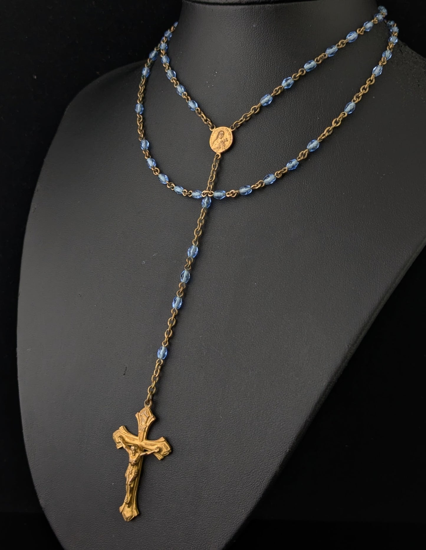Antique blue glass rosary bead necklace, Gilt crucifix pendant