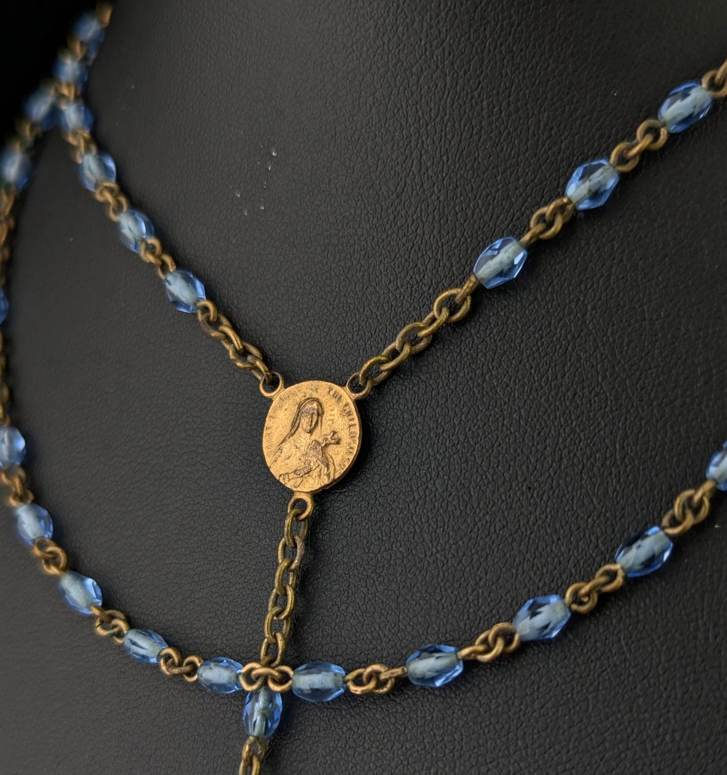 Antique blue glass rosary bead necklace, Gilt crucifix pendant
