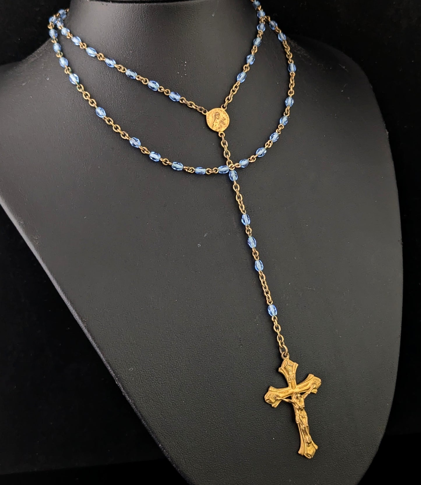 Antique blue glass rosary bead necklace, Gilt crucifix pendant