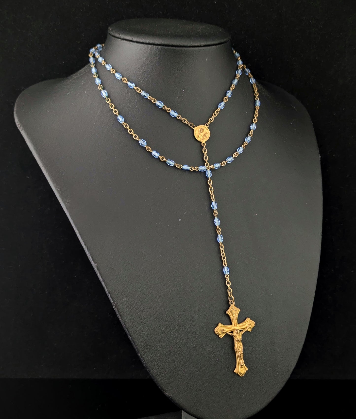 Antique blue glass rosary bead necklace, Gilt crucifix pendant