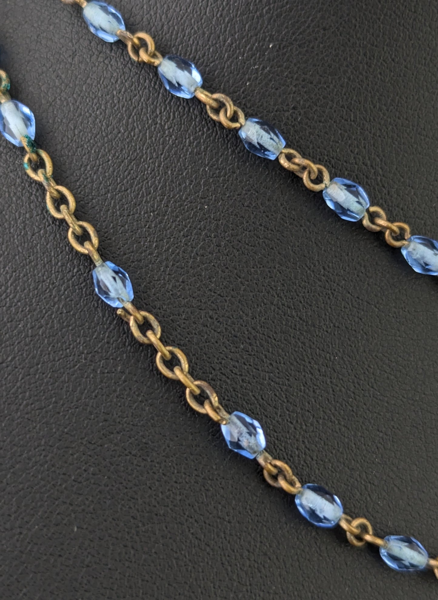 Antique blue glass rosary bead necklace, Gilt crucifix pendant
