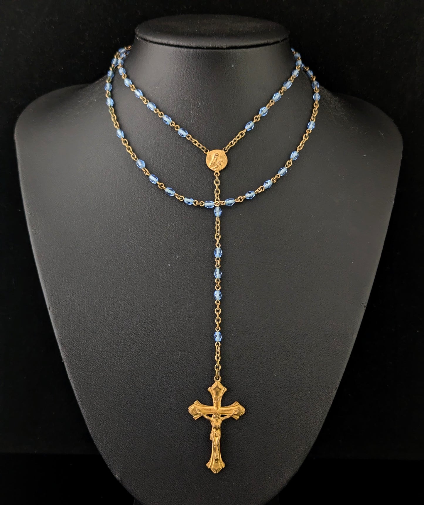 Antique blue glass rosary bead necklace, Gilt crucifix pendant