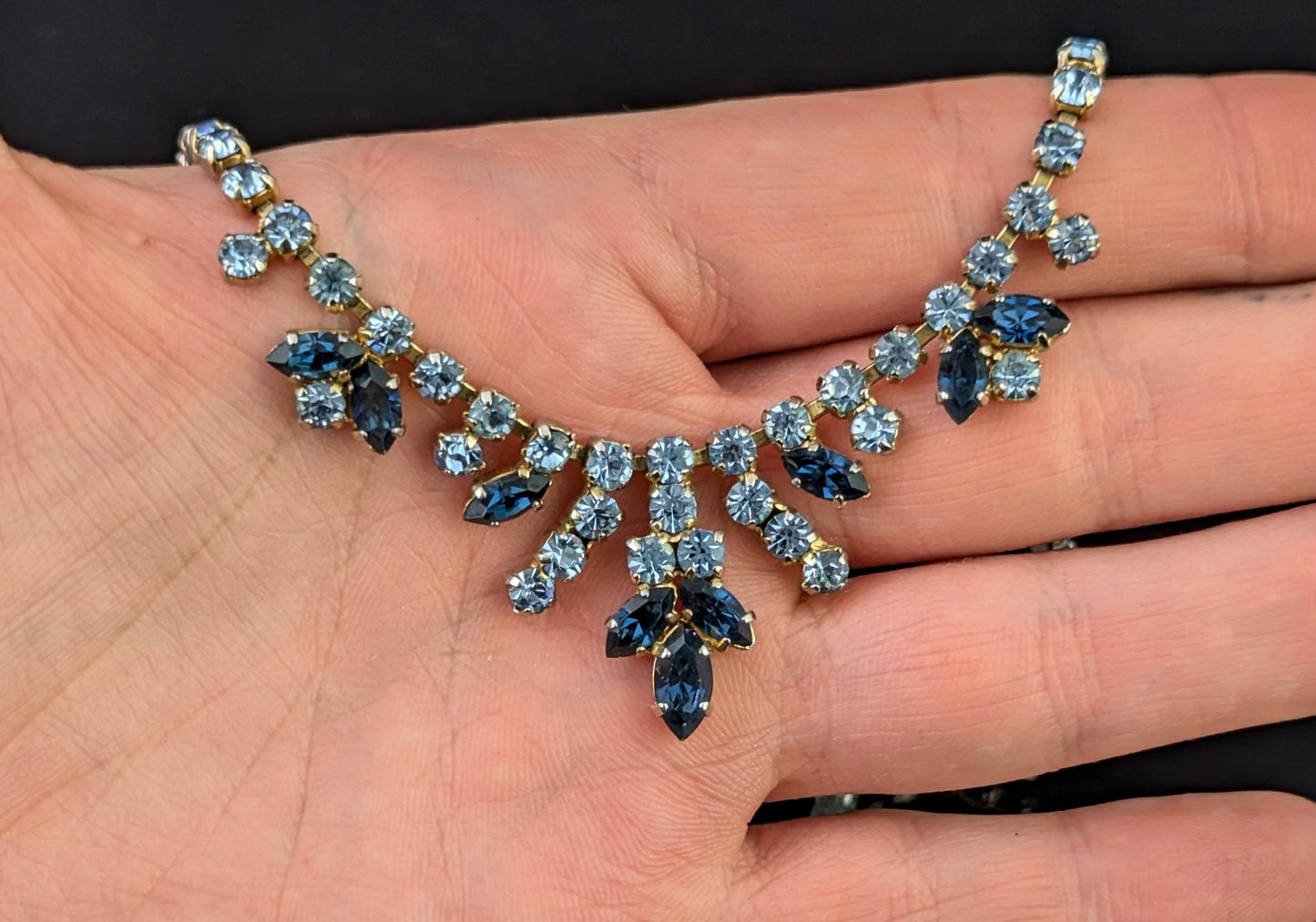 Vintage blue paste choker necklace, Mid century, Wedding Something Blue, Gold tone