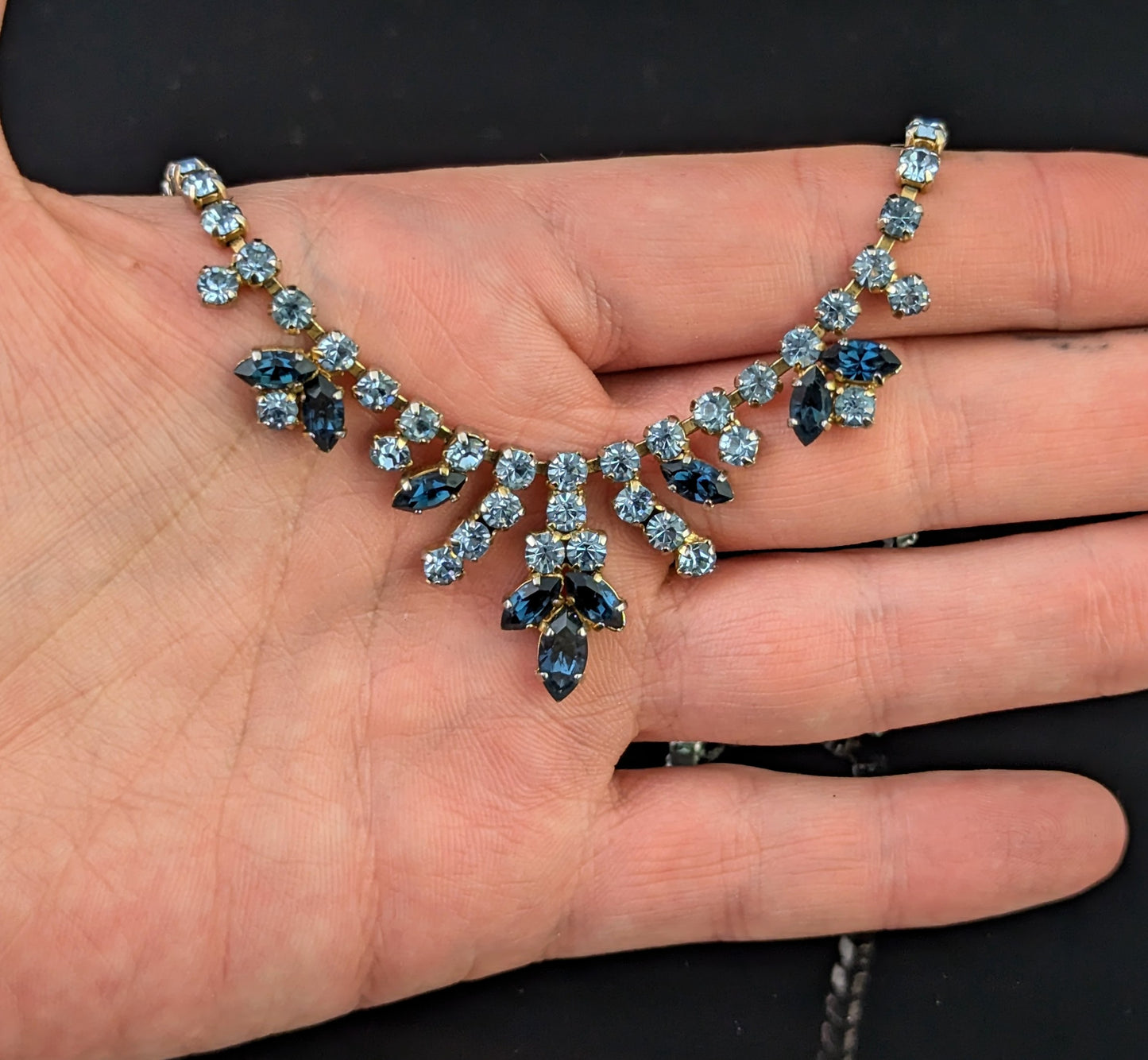 Vintage blue paste choker necklace, Mid century, Wedding Something Blue, Gold tone