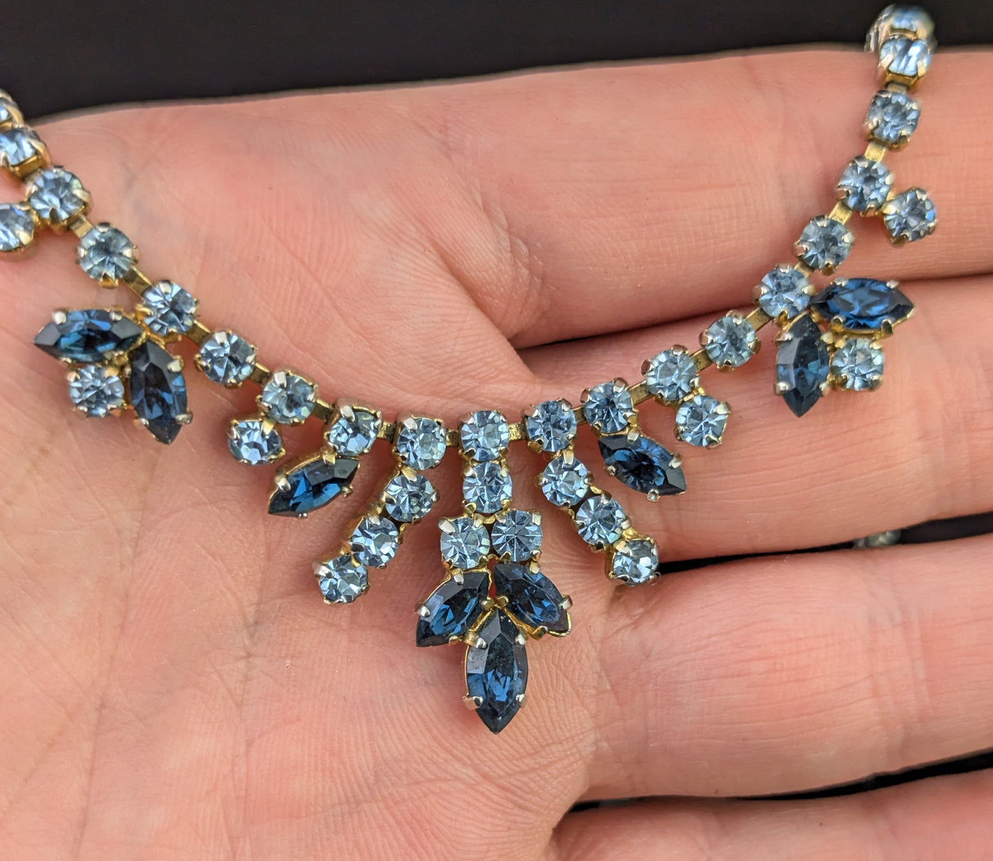 Vintage blue paste choker necklace, Mid century, Wedding Something Blue, Gold tone